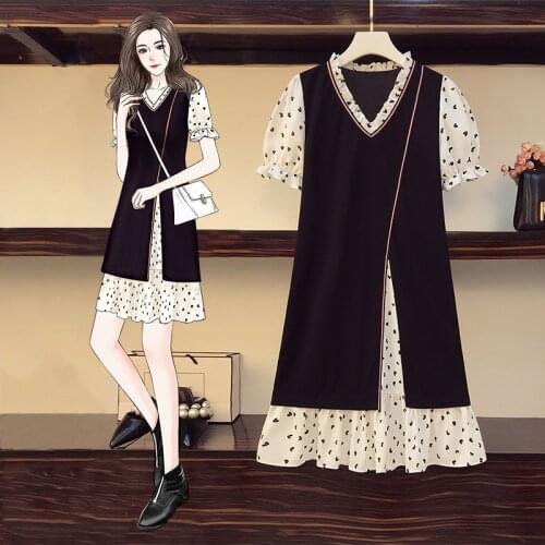 EHQAXIN Summer Plus Size Womens Retro Stitching Dress V-Neck Puff Sleeve Love Pattern French Dress Fashion Temperament L-5XL
