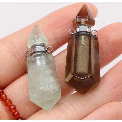 1pcs Natural Stone Smoky Quartzs Green Aventurine Perfume Bottle Pendants Essential Oil Diffuser Necklace Women Size 15x40mm