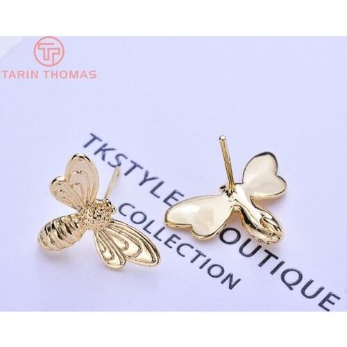 6PCS 13x17MM 24K Gold Color Brass Bee Stud Earrings High Quality Diy Jewelry Findings Accessories