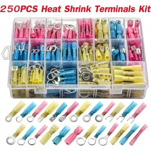 250PCS Assortment Seal Heat Shrink Cable Wire Butt Connectors Electrical Crimp Marine Automotive Terminals AWG10-22 Kit