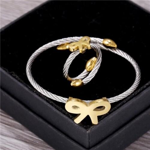 316L Stainless Steel Open Bracelet Ring Set Bowknot Eye Shape Titanium Steel Jewelry Set