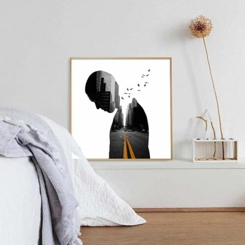 Abstract Man Silhouette Canvas Painting Forest Mountain City Posters and Prints Black White Wall Pictures For Living Room Decor
