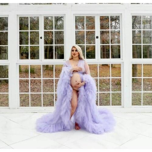 Pregnant Women Photograph Dresses Light Purple Tiered Ruffles Long Sleeve Tulle Robe Gown Bathrobe Nightdress For Wedding Party