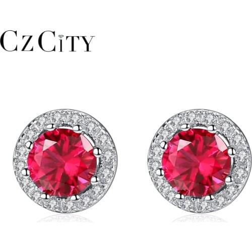 CZCITY Luxury 7.7mm Round Ruby Brilliant Stud Earrings for Women Elegant 925 Sterling Silver Topaz Engagement Earrings Jewelry
