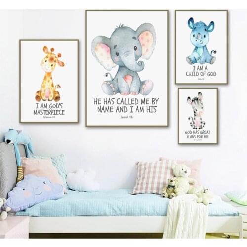 Kids Bible Verse Wall Art Canvas Painting Safari Nursery Decor Watercolor Animal Monkey Zebra Prints Kids Room Decoration