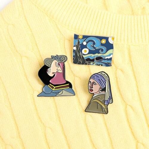 Van Gogh Starry Sky Painting Enamel Pin Dream The Girl with a Pearl Earring Brooches Bag Lapel Pin Art Badge Custom Jewelry Gift