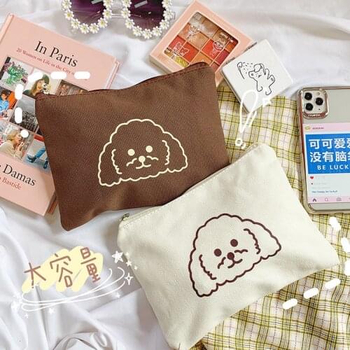 Cartoon Curly Dog Canvas Pencil Bag Large Capacity Simple Style Handbag Cosmetics Storage Bag School Supplies Kawaii Stationery