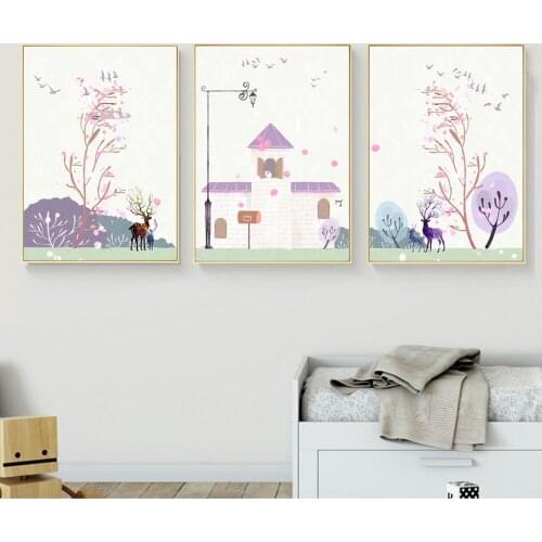 Cartoon Wall Art Poster Canvas Painting Nordic Modern Pink Castle Drawing and Printmaking Home Decoration Children Room Mural