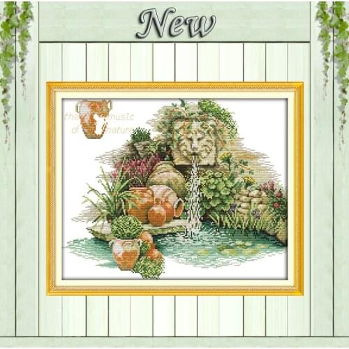 The pool garden park fountain,counted print on canvas DMC 14CT 11CT DIY Joy Sunday Cross Stitch Embroidery kits Needlework Sets