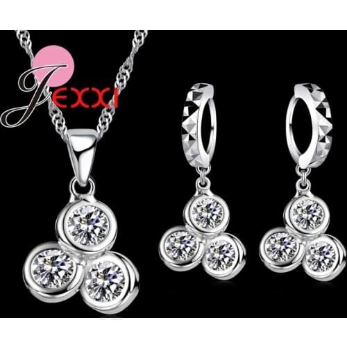 New Fashion Top Quality 925 Sterling Silver Three Cubic Zircon Necklace Earrings Set Women Wedding Jewelry Accesrrories