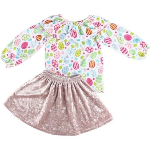Kaiya Angel 2019 New Arrival Boutique Kids Clothing Sets Egg Print Long Sleeve Top + Solid Velent Skirts Childrens Girls Outfits