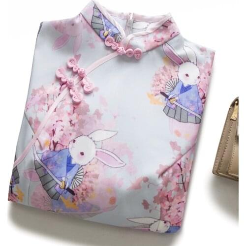 Summer cheongsam young girl cute anime rabbit Cherry blossom pink Chinese style dress
