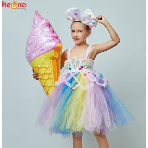 Candy Girls Kids Ice Cream Tutu Dress with Bows Children Birthday Cake Smash Photo Food Costume Girls Dance Pageant Gown Dress