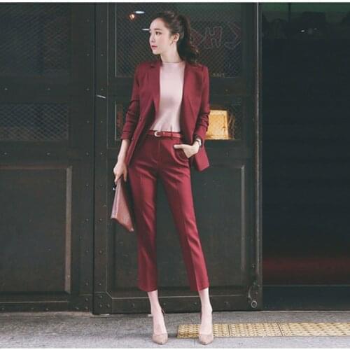 Mature office ladies slim suit vintage slim women suits double breasted 2 piece sets harem pants wine red black tops business