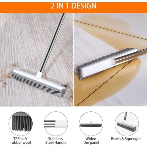Rubber Broom 2 in 1 Sweeping Brush with Window Squeegee Adjustable Handle Soft Bristle Broom for Human Pet Cat Dog Hair Kitchen