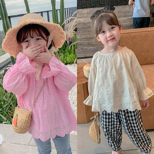 Shirts Tees Tops Full Sleeve O-neck Collar Pullover Solid Regular Cotton New Fashion Casual Simple Cute Spring Autumn Girls Kids