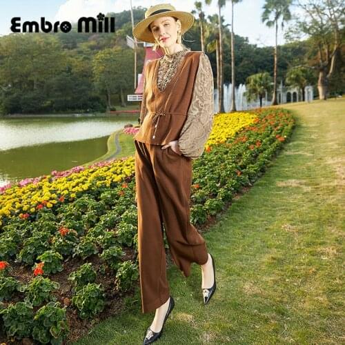 Spring New Three-Piece Suit Lady Short Vest Top + Small Stand Collar Shirt + High Waist Wide Leg Pants S-XL