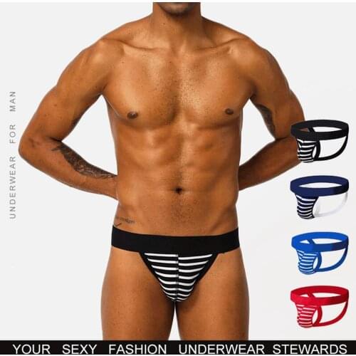 Men Thongs Sexy Underwear Stripe Printed Gay Underpants G-strings Briefs Shorts Bulge Pouch Underpants Jockstraps Slip Homme