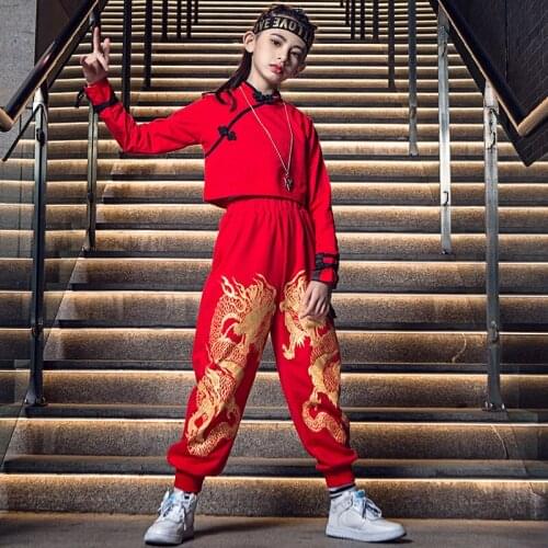 New Girls Hip Hop Dance Costume Long Sleeves Tops Pants Red Outfits Jazz Performance Wear Street Dance Festival Clothing BL6873