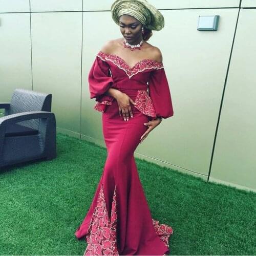 South African Burgundy Mermaid Evening Dress 2020 Fashion Puffy Long Sleeves Prom Dresses Long Arabic Lace Formal Party Dress