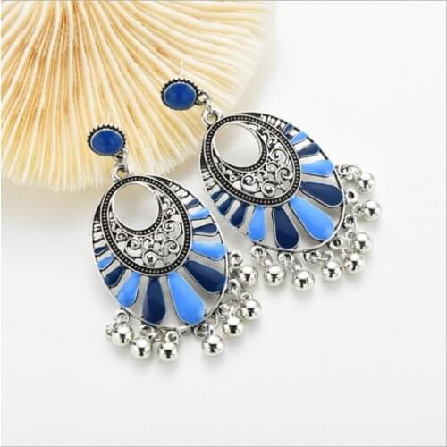 Fashion Bohemian Oval Hollow Dripping Oil Exaggerated Earrings for Women Retro Personality Bell Tassel Earring Female Jewelry