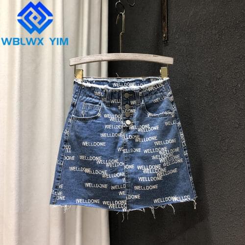 High waist Denim Skirt Women Summer Fashion Letter Print Button Mini Skirt Female Streetwear Loose Casual A-Line Jeans Skirts