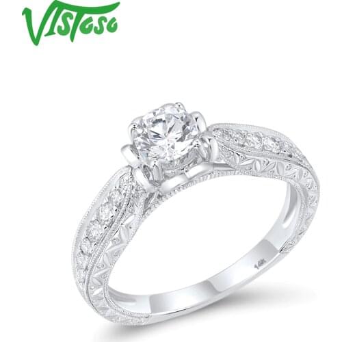 VISTOSO Pure 14K 585 White Gold Diamond Ring For Women Sparkling White CZ Main Stone Wedding Engagement Anniversary Fine Jewelry