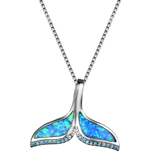 Blue Opal Ocean Sea Fish Whales Tail Mermaid Pendant Necklaces Jewelry Women 925 Sterling Silver Necklaces