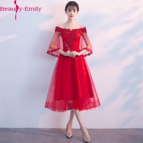 Beauty Emily Real Photo Charming Burgundy Evening Dress Lace Beading Tea Length Formal Dress Women Elegant Evening Gown Vestidos