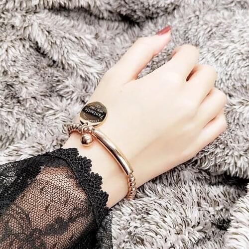 Women Jewelry Stainless Steel Ball Beads Bracelet For Women Circle Tag Charm Stretch Strand Bracelet K001