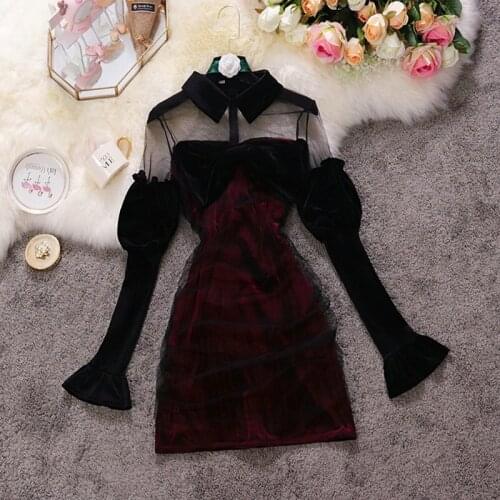 2020 Autumn Winter New Female Chic Stand Collar Bow Lantern Sleeve Velvet With Gauze Sheath Dresses Womens Elegant Slim Dress