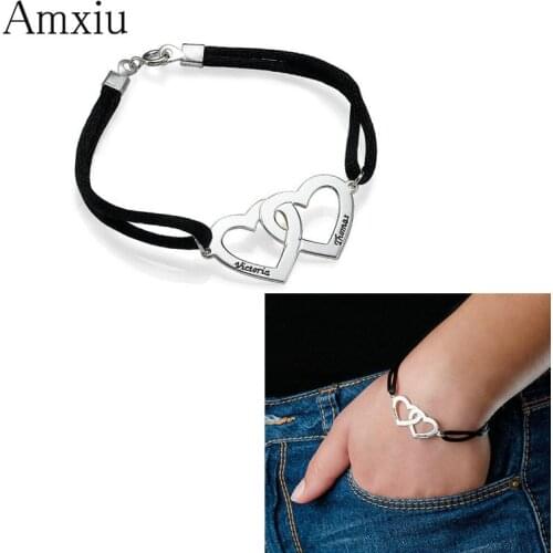 Amxiu Custom Two Names Heart Bracelet 925 Sterling Silver Bracelets for Women Men Lovers Gifts Black Leather Bracelet Jewelry