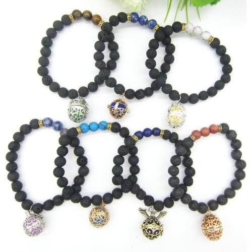 Black Lava Beads and Colored Stones with Lovely DIY Locket Cage Fashion Essential Oil Women`s Charm Bracelets