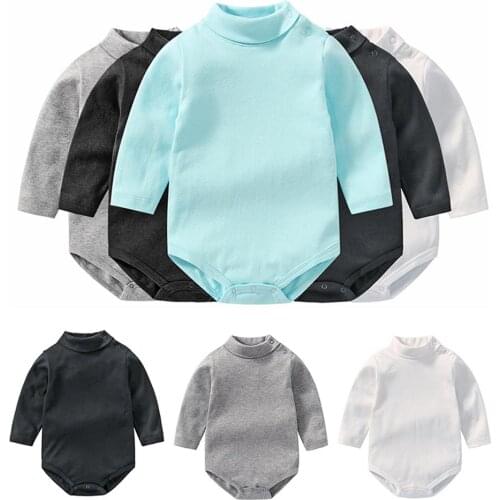 Solid Color Baby Girls Boys Safety Short Leisure Long Sleeve Adjustable Button High Neck Cotton Romper Jumpsuit