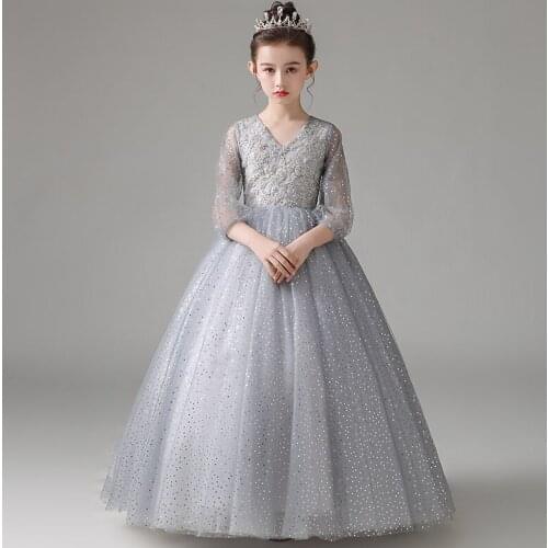 Flower Girl Dresses Illusion Three Quarter V-Neck Princess Beading Floor-Length Sequined Tulle Lace Silver Kids Party Gown H224