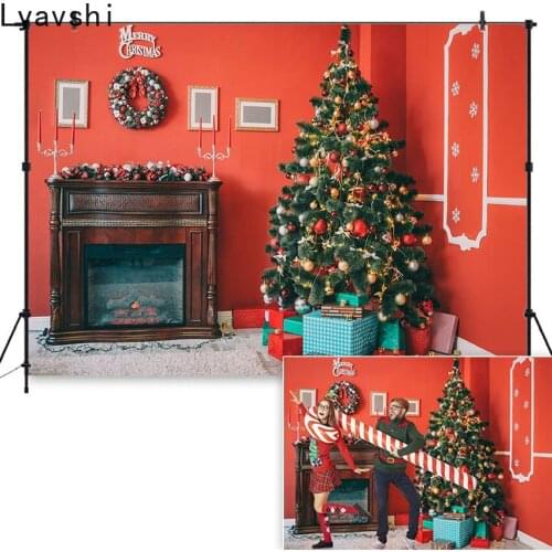 Lyavshi Christmas Fireplace Christmas Tree Interior Scene Studios Red Wall New Year Party Photography Background