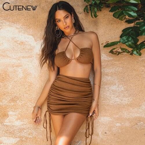 Cutenew Summer Solid Slim Two Piece Sets Women Outfits Sexy Backless Halter Top + Drawstring Mini Skirt Beach Vacation Lady Suit