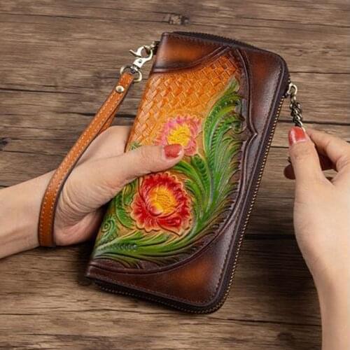 New Women Wallets Genuine Leather Vintage Long Clutch Handy Bag Female Printing Floral Card Purse Large Money Clips Wallet