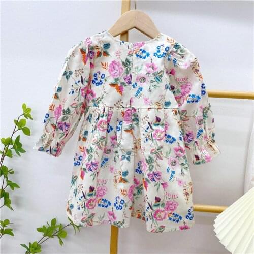 Menoea Holiday Style Girls Dresses New Kids Long Sleeve Floral Printing Round neck Flower Printed Princes Fall Children Clothing