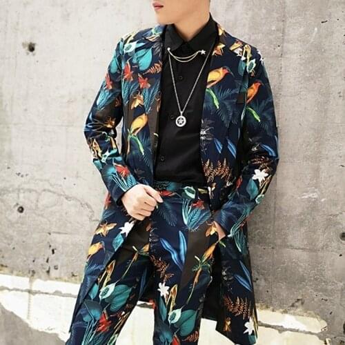 Casual Blazer Masculino Men Slim Fit Blazer Green Flora Print Long Jacket Nightclub Stage Singer DJ Clothes Heren Colberts