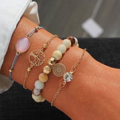 4 PCS/SET Tree of Life Crystal Beaded Bracelet Set Handmade Braided Chain Link Bracelet Jewelry Gift Wholesale