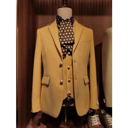 2021 Latest design orange luxury pearl button groom wedding suits for men slim fit 3 piece fashion business party formal Blazer