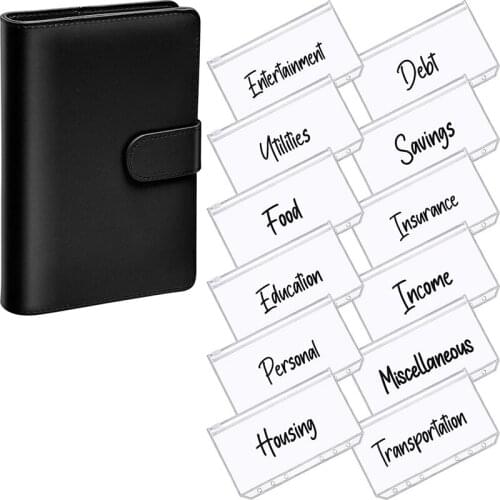 A6 PU Leather Notebook Magnetic Personal Planning Binder with 12 Binder Pockets Binder Zipper Folder for Bill Planning