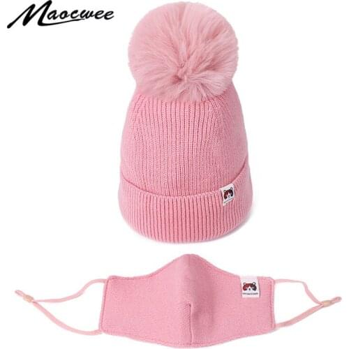 Child Pompon Hat Mask Set Winter Outdoor Warm Knitted Protective Set Button Bonnet Kids Fashion New Knitted Mask Hat Girls Boys