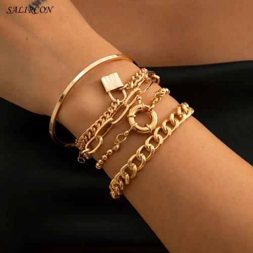 Salircon Vintage Lock Pendant Bracelet Bangles for Women Girls Kpop Charm Chain Couple Bracelets on Hand Punk Jewelry Gift 2021