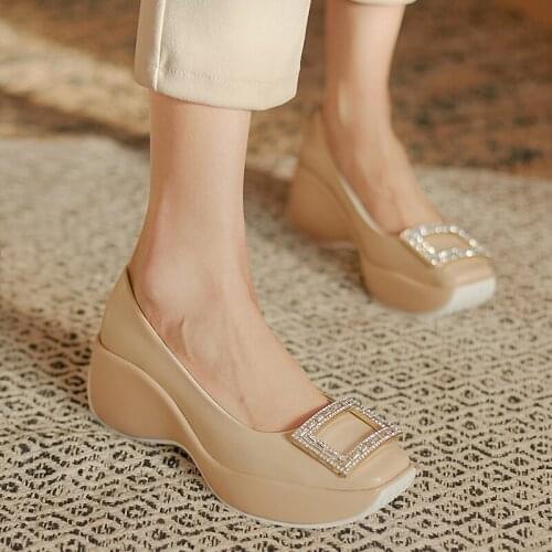 2021 autumn new wedge heel shoes womens high-heeled rhinestone square buckle leather wild square toe platform platform shoes