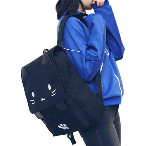 Womens Backpack Cute Cat Canvas Laptop Backpacks School Bags for Teenage Girls Black Printing Rucksack Women Mochilas Mujer