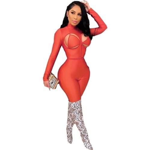Women Sexy Solid Bright Hollow Out Sporty Jumpsuit Come With Bra Turtleneck Long Sleeve Skinny Romper Workout Overall One Piece