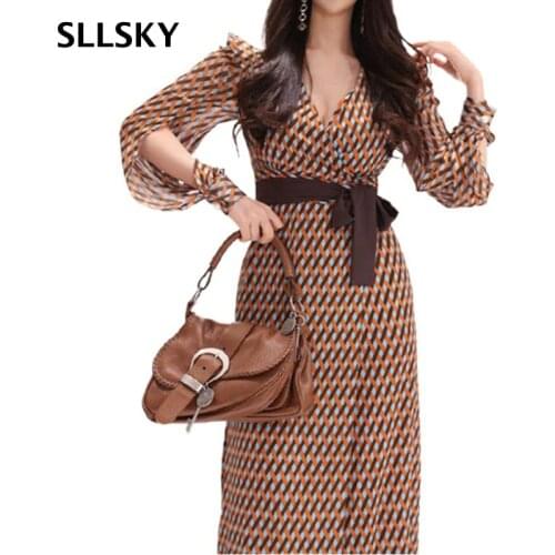 SLLSKY Office Lady Work Wear Elegant Plaid Dress Women Split Lace Up Long Dress Female Casual V-neck Wrap Hip Chiffon Dress