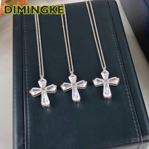 DIMINGKE Religious Cross Diamond Woman Necklace 100%-S925 Sterling Silver Party Fine Jewelry